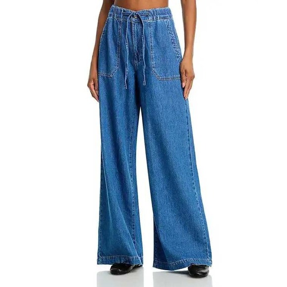 PAIGE Denim - PAIGE Wide Leg Jeans Womens 26 Blue Petite Pull On Drawstring Denim Retails $259